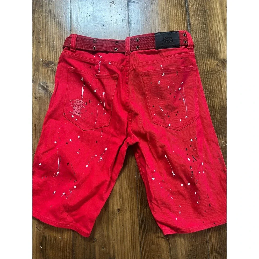 Trestles Supply Co Mens Red Paint Splatter Distressed Denim Shorts Size 34 Belt